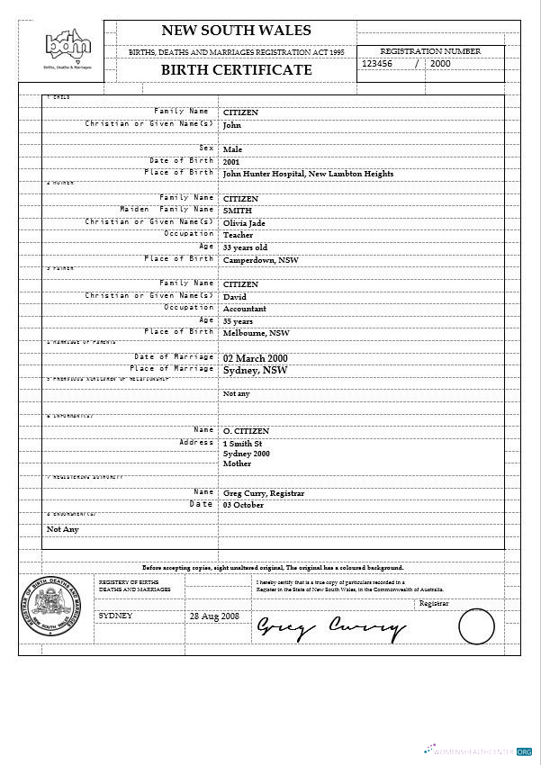 Download Australia New South Wales birth certificate template in Word format, version 2 Photoshop template